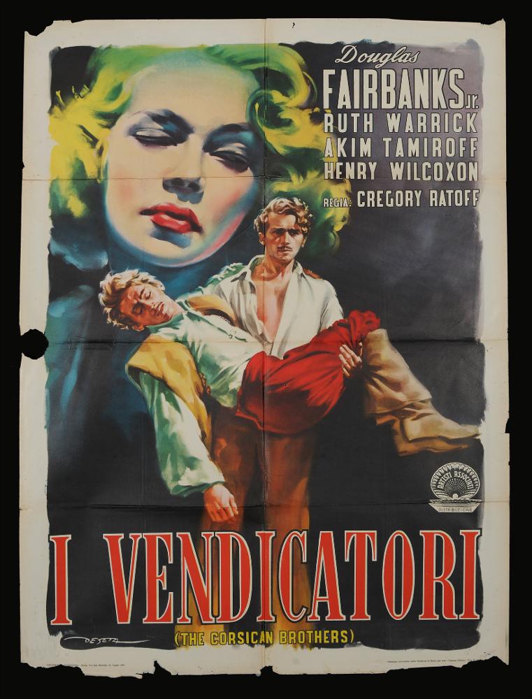 L'immagine riproduce uno dei manifesti conservati presso la Mediateca Regionale Pugliese (vedi Note). Si tratta di una delle versioni grafiche per il manifesto del film in bianco e nero "I vendicatori" del 1941 per la regia di Gregory Ratoff. La firma che si legge in basso sul lato sinistro, è del disegnatore e pittore italiano Deseta (Enrico De Seta), noto come fumettista per giornali satirico-umoristici e periodici per ragazzi e soprattutto per la sua produzione di molte illustrazioni cinematografiche dei film di Stanlio & Ollio. Anche per questo manifesto Deseta rende una scena in bianco e nero del film a colori, giocando molto sull’accostamento di tinte molto accese e con punte acide ad uno sfondo scuro qui sfumato. La composizione presenta una simmetria nella dispo...