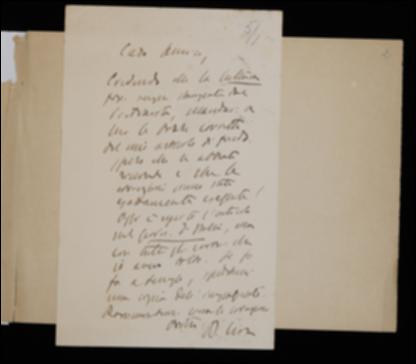 Nella cartolina, Benedetto Croce chiede a Giovanni Laterza se abbia ricevuto il suo articolo per “La Cultura”, che era stato spedito per errore alla tipografia Vecchi, e se siano state eseguite le correzioni, informandolo che purtroppo il medesimo articolo è comparso su “Il Giornale d'Italia” con gli errori. Il filosofo chiede di poter verificare l'impaginato.