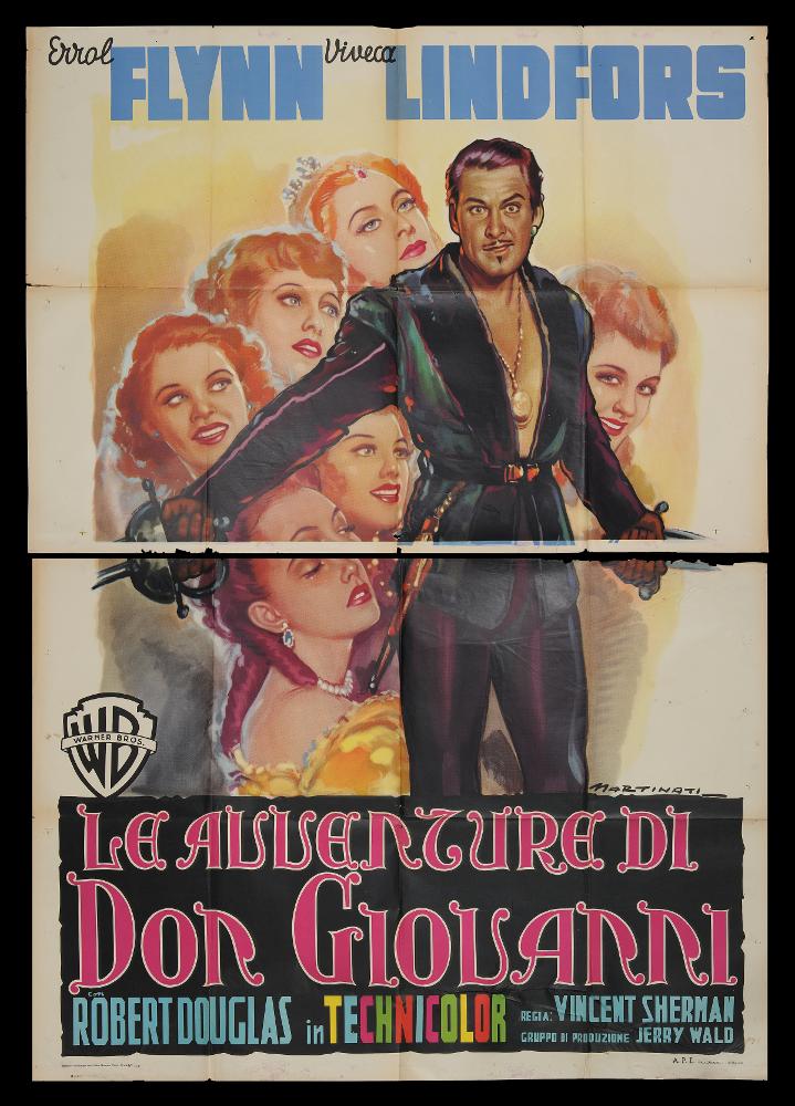 L'immagine riproduce uno dei manifesti conservati presso la Mediateca Regionale Pugliese (vedi Note). Si tratta di uno dei manifesti del film “Le avventure di Don Giovanni” del 1949 per la regia di Vincent Sherman. Il manifesto si presenta composto da due parti, in quanto di grande dimensioni (200x140) ed è a firma di Luigi Martinati. Toscano di nascita, Martinati si può considerare uno degli interpreti della prima maniera del manifesto di cinema. Possiamo osservare alcuni degli elementi che contraddistinguono lo stile del pittore come i giochi di contrasto con colori netti, i dettagli sui volti realizzati con tinte dalle gamme dorate che richiamano anche lo sfondo. Nello specifico in questa composizione colpisce la valorizzazione del protagonista maschile a partire dal...