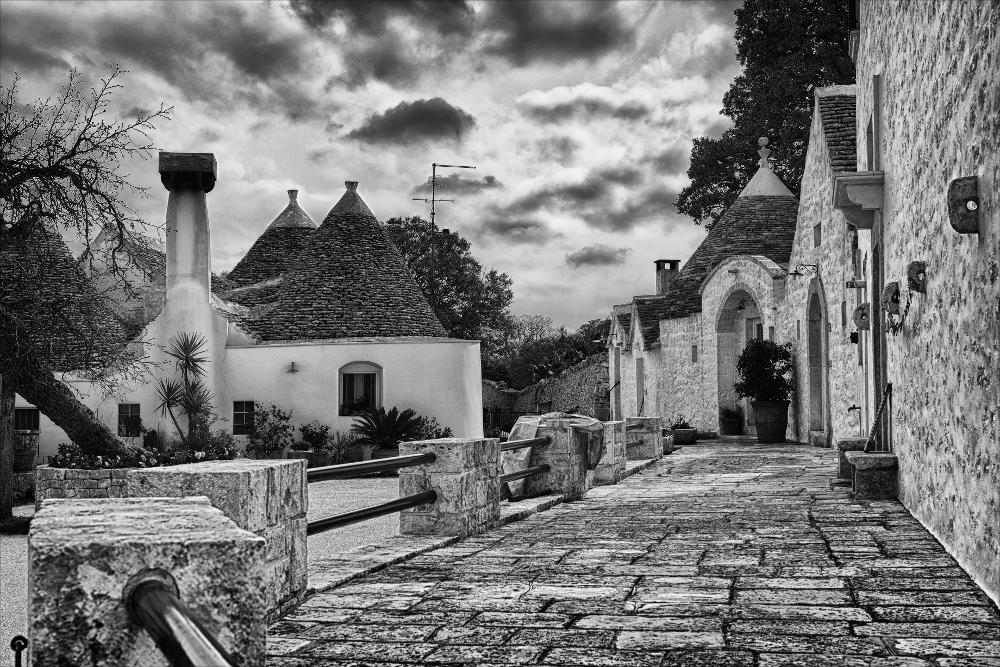 L'istantanea in oggetto, fa parte di una più ampia raccolta di fotografie realizzate per il progetto di censimento di 248 masserie pugliesi avviato da Giancarlo Chielli, professore del corso in Beni Culturali e Ambientali presso l'Accademia di Belle Arti di Bari. Il lavoro svolto ha dato vita al volume “Le masserie di Puglia come Bene Culturale” in cui sono presenti alcuni scatti di masserie pugliesi tra cui questa presa in esame. La fotografia, scattata in bianco e nero all'interno della masseria Aprile, si caratterizza per diversi elementi compositivi che arricchiscono la scena. A dominare la scena il complesso di trulli della masseria che, originariamente, avevano diverse destinazioni d'uso. L'immagine, in fase di post-produzione ha subito un intervento di “maschera ...