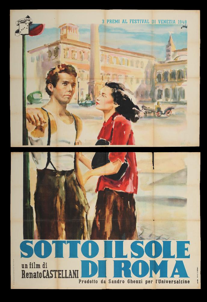 L'immagine riproduce uno dei manifesti conservati presso la Mediateca Regionale Pugliese (vedi Note). Si tratta del manifesto del film italiano "Sotto il sole di Roma", la cui illustrazione è a firma di Ercole Brini. È una composizione pittorica delicata, caratteristica che contraddistingue tutte le sue opere; Brini infatti prediligeva l'uso degli acquerelli, tecnica che gli permetteva di creare racconti in cui le figure si fondono al paesaggio, figure diverse si fondono una nell'altra, in atmosfere impalpabili e ricche di fascino. Anche questa è ricca di narrazione e poesia, racconta come una fotografia istantanea che cattura un momento di vita dei due protagonisti, tra le vie di una bellissima e intensa Roma. Con pochi elementi e pennellate vibranti Brini rende la mal...