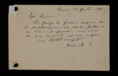 Nella lettera, Giovanni Francesco Cadolini chiede a Laterza se sia stato stampato il suo libro e, nel caso, perché non ne abbia ricevuto copia.