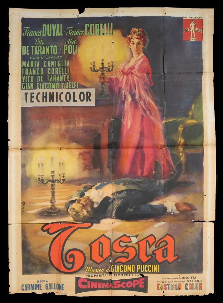 L'immagine riproduce uno dei manifesti conservati presso la Mediateca Regionale Pugliese (vedi Note). Ciriello firma il dipinto per il manifesto del film musicale italiano "Tosca", trasposizione cinematografica della famosa opera lirica di Puccini. Pittore dal linguaggio elaborato e dallo stile pittorico colto e maturo, sia nel ritratto che nelle scene narrative, Ciriello seppe caratterizzare le sue opere con l'uso di sfumature volumetriche, tocchi di colore morbidi "emotivi", che denotano una comunicazione visiva chiara e coinvolgente. Si ricorda come tra i più importanti disegnatori per manifesti del cinema italiano. Iniziò a lavorare come pubblicitario presso l’agenzia 'Non plus ultra' a Milano e poi presso la 'Ima', la più grande agenzia di pubblicità in Italia. Il ...