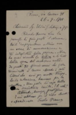 Nella cartolina, Paolo Orano sollecita la stampa del volume e segnala un errore da lui rilevato.