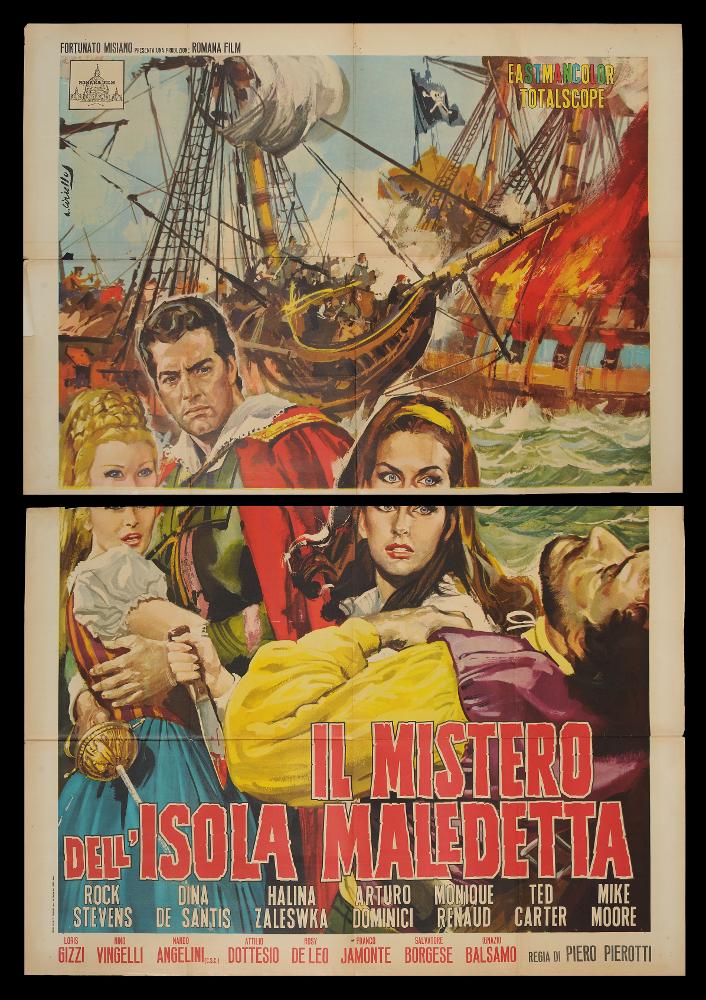 “Il mistero dell'isola maledetta” è un film d'avventura del 1965 diretto da Piero Pierotti (alias Stanley Peter E.), con la sceneggiatura di Arpad De Riso e Piero Pierotti. Tra i principali interpreti ricordiamo Peter Lupus, Halina Zalewska e Arturo Dominici.
Il manifesto cinematografico è firmato dal celebre pittore di cinema Averardo Ciriello, milanese classe 1918. Il suo stile pittorico è colto, maturo e raffinato sia nei ritratti sia nelle scene in cui il colore è utilizzato in tutte le sue gamme, conferendo all’immagine una dinamicità narrativa straordinaria.
Il manifesto originale è conservato nell’Archivio della Mediateca Regionale Pugliese ed è costituito da due fogli separati....