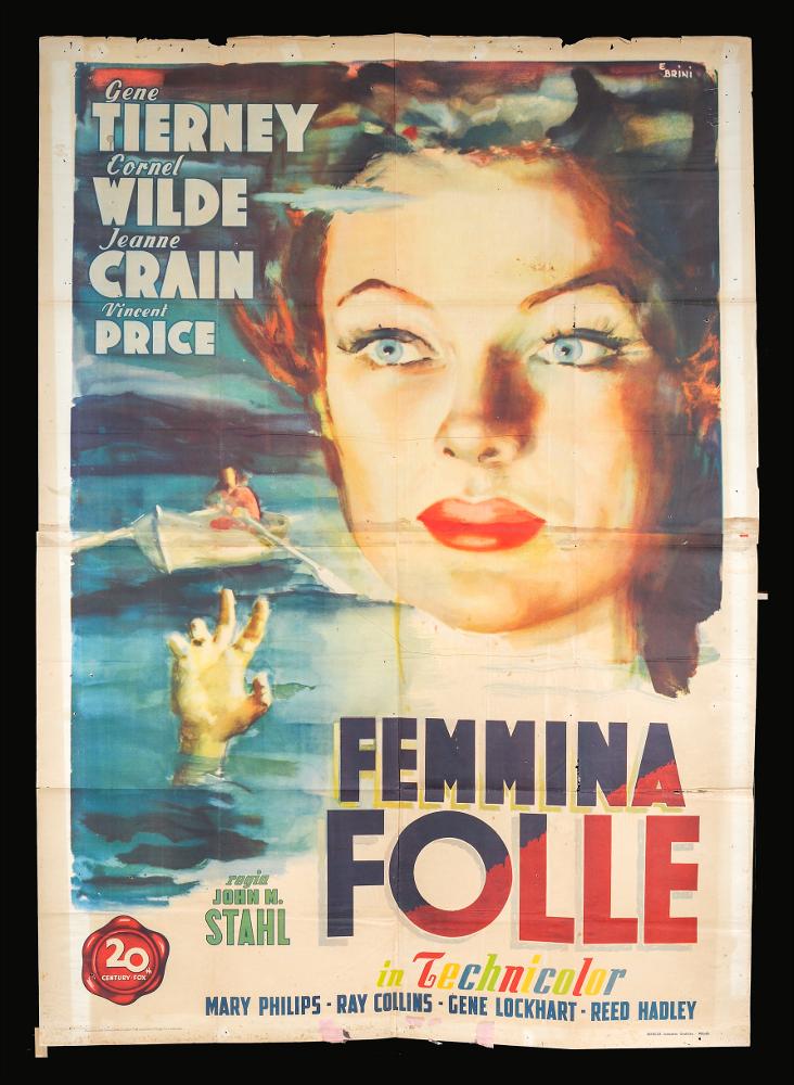 L'immagine riproduce uno dei manifesti conservati presso la Mediateca Regionale Pugliese (vedi Note). Si tratta della versione grafica del manifesto del film "Femmina folle", la cui illustrazione è a firma di Ercole Brini. La composizione pittorica, delicata come tutte quelle che contraddistinguono le sue opere, mostra l'uso prediletto di Brini per gli acquerelli, tecnica che gli permetteva di creare racconti in cui le figure si fondono al paesaggio, figure diverse si fondono una nell'altra, in atmosfere impalpabili e ricche di fascino. Anche in questa composizione, la realtà sembra diventare sogno e poesia: tutto ruota intorno all'ammaliante ritratto della protagonista Jeanne Crain, luminoso e misterioso. Gli elementi del lago e della mano che esce dall'acqua narrano u...
