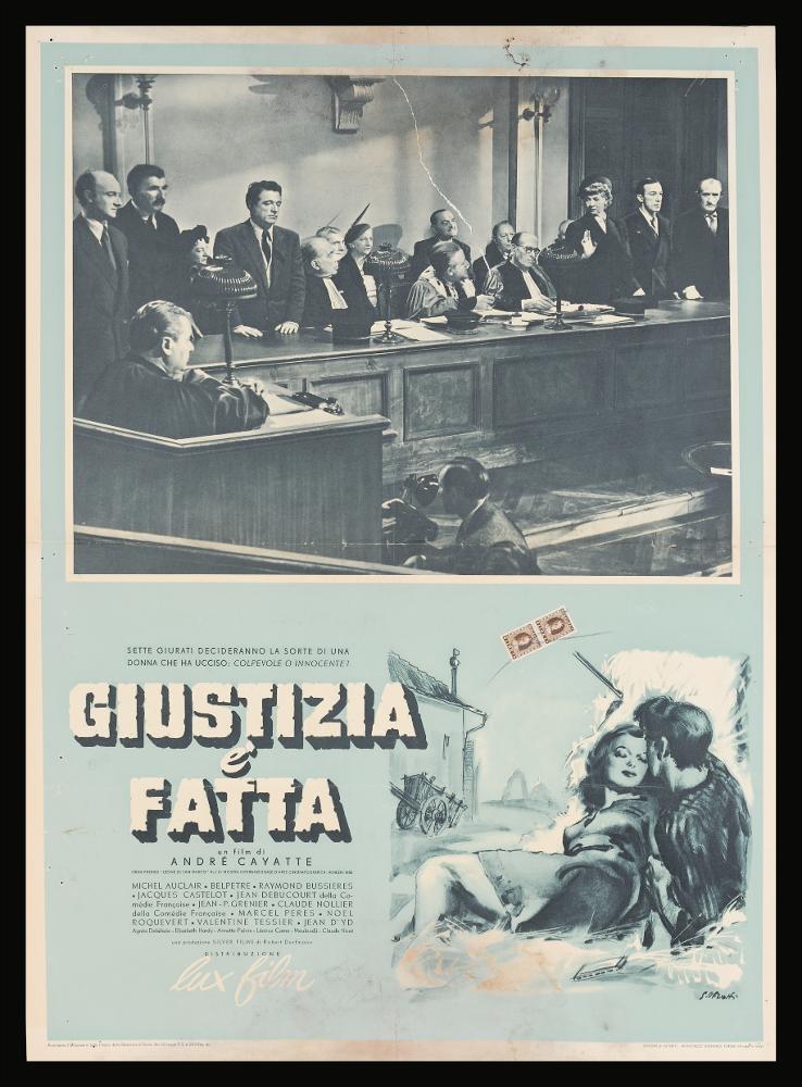 L'immagine riproduce uno dei manifesti conservati presso la Mediateca Regionale Pugliese (vedi Note). Si tratta di una delle fotobuste del film in bianco e nero “Giustizia è fatta” del 1950 per la regia di André Cayatte a firma dell'illustratore bolognese Giorgio Olivetti. Classe 1908, Olivetti caratterizza le sue prime opere da uno stile morbido, sfumato, fatto di acquerelli delicati che rendono il volume anche grazie ad un uso sapiente dei chiaroscuri. Per questa fotobusta Olivetti si allontana dal suo stile, disegnando i due protagonisti con degli sgraffi neri. Non ci sono colori, nella parte superiore è presente una fotografia di scena del film, al di sotto, nell’angolo a destra, Olivetti riesce a rendere con pochi tratti l’intimità tra i due personaggi....
