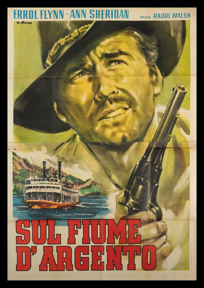 L'immagine riproduce uno dei manifesti conservati presso la Mediateca Regionale Pugliese (vedi Note). Si tratta della versione grafica per il manifesto del film americano “Sul fiume d'argento”. L'opera è a firma è dell’illustratore G. Di Stefano, autore narrativo vicino ad altri interpreti della pittura di cinema dell'epoca. L'impianto grafico infatti mostra una pittura tradizionale e degna di nota: la piccola scena introduce il fruitore nel vivo dell'atmosfera del film, con chiari riferimenti al paesaggio del Bronson Canyon, dove venne girato. Il grande ritratto di Errol Flynn nelle tonalità dei verdi che fa anche da sfondo a tutta la composizione invece risalta il tema western. Tutta l'opera è ricchissima di sfumature cromatiche e dettagli realistici....