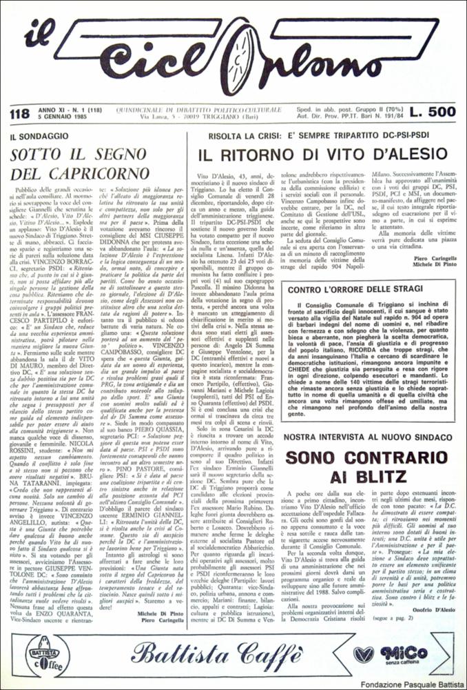 “Il Cicloplano” è un periodico della città di Triggiano (Ba), un quindicinale di dibattito politico-culturale e di cronaca locale e non solo dagli anni Settanta agli anni Ottanta.
La Fondazione Pasquale Battista si è occupata della digitalizzazione di alcuni numeri del suddetto periodico, allo scopo di conservare tale importante documentazione sulla storia di questa città.
La Fondazione, infatti, persegue la mission di incentivare la diffusione del patrimonio culturale locale e di diffondere le idee e la sensibilità dello storico Pasquale Battista, a cui la Fondazione è dedicata, per tramandare nel tempo il suo impegno sociale e la sua dedizione....