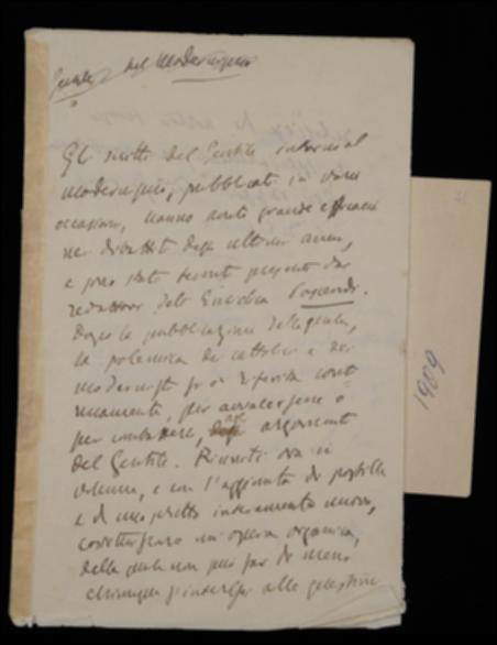 Nella lettera, Benedetto Croce invia a Giovanni Laterza il testo per la réclame dei volumi di Giovanni Gentile e Immanuel Kant e l'elenco di spedizione delle copie omaggio de "Il Candelaio" con alcune aggiunte di mano di Vincenzo Spampanato.