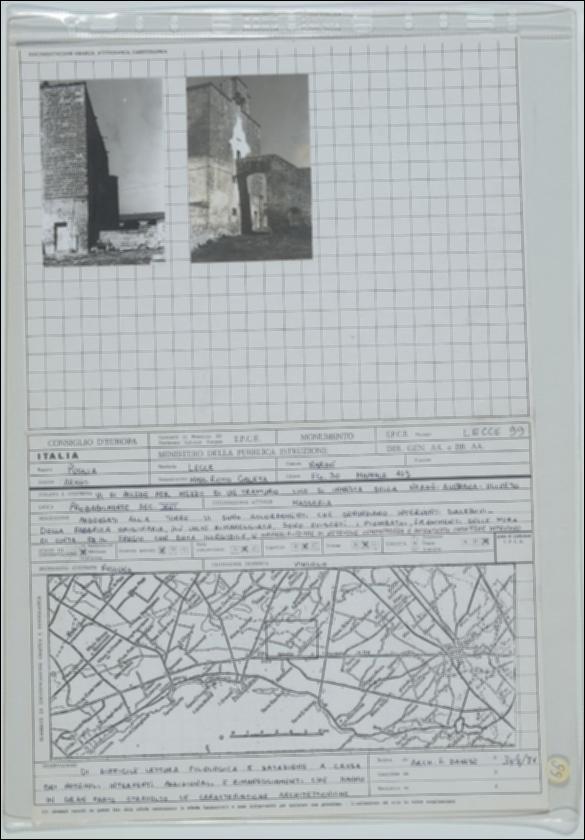 La scheda in oggetto è parte del volume “Censimento delle opere fortificate in Puglia”, risultato dell'attività promossa dalla Regione Puglia tra il 1981 e il 1982, per individuare e descrivere le principali costruzioni in muratura presenti nel territorio. Composta da due fogli sciolti, è redatta dal'architetto F. Danese il 31 agosto 1981. La masseria Roto Galeta è situata a Nardò in provincia di Lecce, in zona rurale. La masseria risale probabilmente al XVI secolo e presenta una torre con piombatoi, resti di cinta muraria ed accorpamenti posticci. I vari interventi e rimaneggiamenti susseguitesi nel tempo non consentono una datazione certa dei corpi di fabbrica. La struttura muraria è composta da conci squadrati in pietra locale.