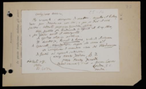 Dopo aver risposto che discuterà con Achille Pellizzari sui caratteri per la nuova collana degli scrittori d'Italia, Benedetto Croce, nella cartolina, comunica a Giovanni Laterza che suo fratello Alfonso a breve concluderà la traduzione delle aggiunte al volume di Bolton King e Thomas Okey. Il filosofo prega poi l'editore barese di spedire una copia del volume di Silvio Spaventa ad Alberto E. Lumbroso della "Rivista di Roma" e una copia del volume di saggi sul modernismo di Giovanni Gentile a Louis H. Jordan.