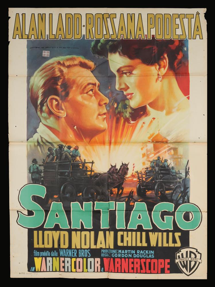 L'immagine riproduce uno dei manifesti conservati presso la Mediateca Regionale Pugliese (vedi Note). Si tratta di una delle versioni grafiche per il manifesto del film "Santiago" del 1956 per la regia di Gordon Douglas. La firma che si legge in alto a sinistra è dell’illustratore Luigi Martinati, toscano di nascita, da considerarsi uno degli interpreti della prima maniera del manifesto di cinema. Possiamo osservare alcuni degli elementi che contraddistinguono lo stile del pittore come i giochi di contrasto con colori netti, i dettagli sui grandi volti realizzati con tinte dalle gamme dorate. Nello specifico in questa composizione Martinati riesce a rendere visivamente tutta la spettacolarità di uno scoppio di materiale bellico, reso al centro dell’opera con schizzi che...