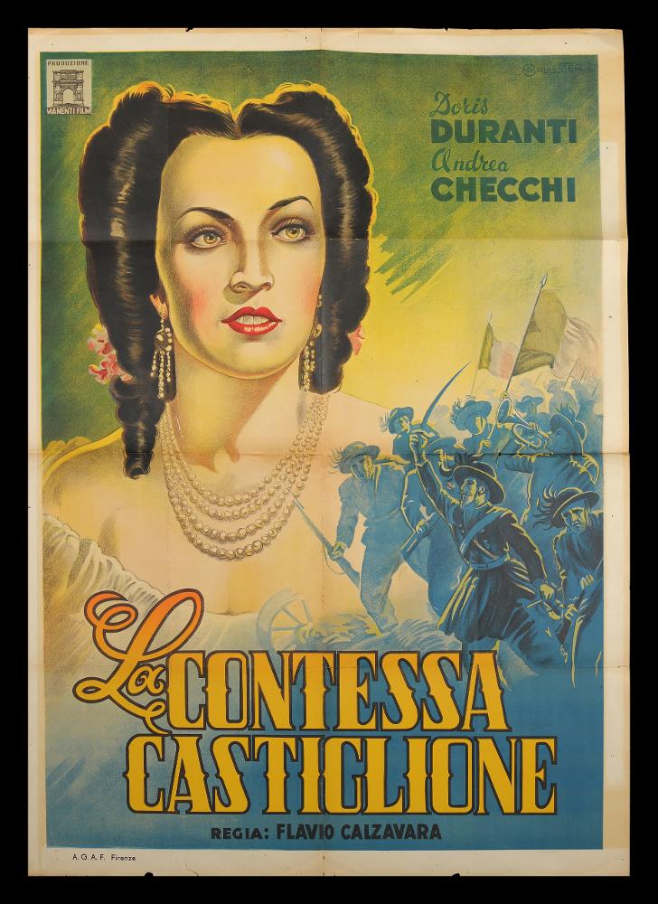 L'immagine riproduce uno dei manifesti conservati presso la Mediateca Regionale Pugliese (vedi Note). Si tratta di una delle versioni grafiche del manifesto del film “La contessa Castiglione”, a firma dell’illustratore Anselmo Ballester (Ballester). Classe 1897, spagnolo di origine, è considerato uno dei capostipiti della pittura di cinema, formatosi presso lo studio pubblicitario dedicato al cinema fondato dal padre Federico insieme a Martinati e Capitani, il primo assoluto in Italia. Per il manifesto in oggetto, Ballester dà risalto alla protagonista ritraendola, quasi a tutta pagina, attraverso un ritratto che ricorda le maschere, anche per i colori utilizzati. Una seconda scena è rappresentata in primo piano, in azzurrino, con un gruppo di soldati. L’uso di questo c...