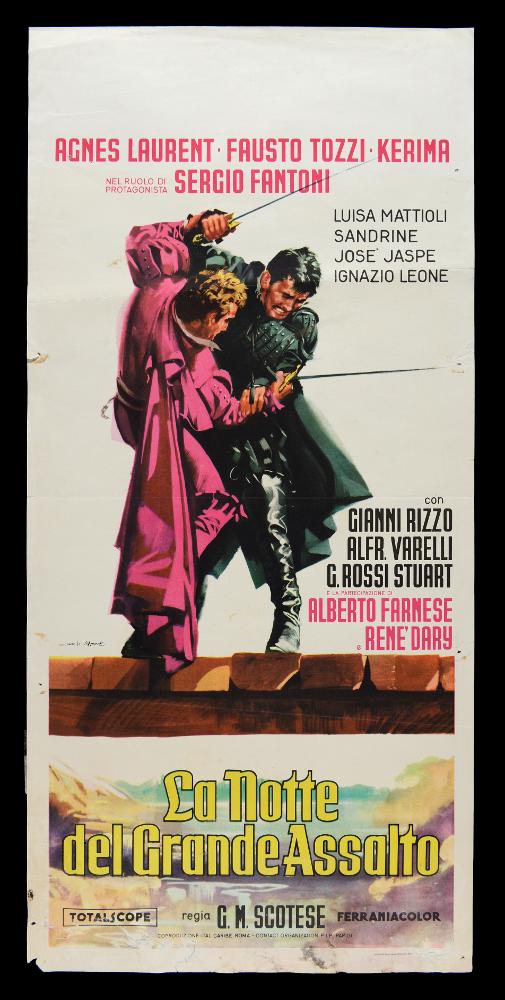 La notte del grande assalto è un film del 1959 diretto da Giuseppe Maria Scotese. La locandina è a firma del famoso studio grafico "Studio Favalli" e dell'artista Alessandro Biffignandi, che mette in scena la lotta tra Zanco (Fausto Tozzi) e Marco (Sergio Fantoni), rappresentanti delle due fazioni, l'esercito di Cesare Borgia e di Caterina Sforza. La locandina originale è conservata nell’Archivio della Mediateca Regionale Pugliese....