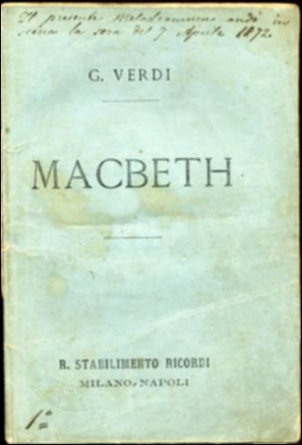 Il documento digitale riproduce il libretto teatrale del melodramma “Macbeth", conservato all'interno della Biblioteca comunale Sabino Loffredo di Barletta. Come si deduce dalla dicitura a penna presente sul frontespizio del libretto, il melodramma andò in scena il 7 aprile del 1872, durante la serata inaugurale del nuovo Teatro Civico di Barletta progettato, qualche anno prima, dall'architetto napoletano Santacroce e dedicato al noto musicista e compositore barlettano Giuseppe Curci. In ricordo dell'ormai scomparso maestro barlettano, la serata si aprì con l'esecuzione di una sua grande sinfonia intitolata “l'Italia redenta”.
