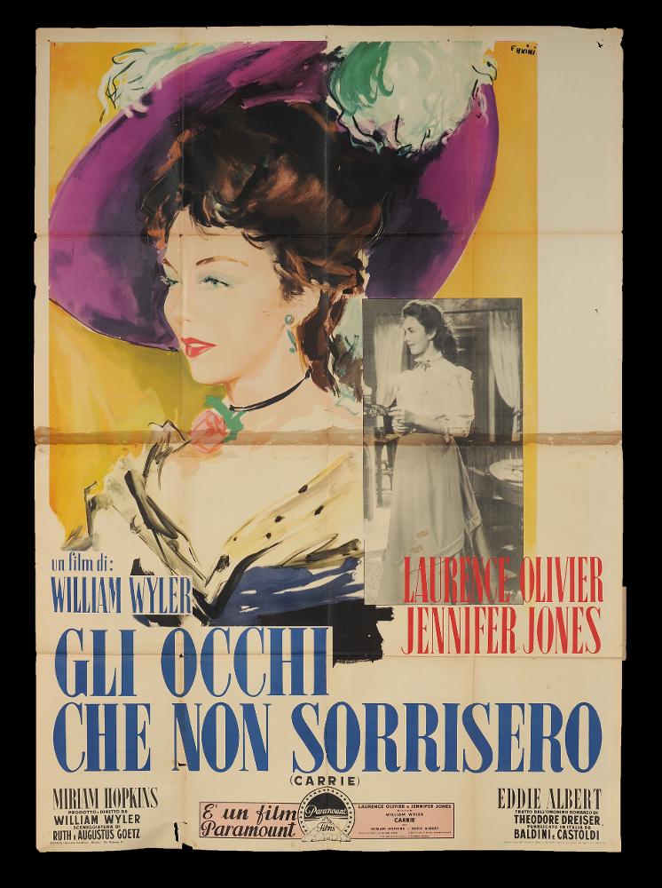L'immagine riproduce uno dei manifesti conservati presso la Mediateca Regionale Pugliese (vedi Note). Si tratta di una delle versioni grafiche del manifesto del film "Gli occhi che non sorrisero", la cui illustrazione è a firma di Ercole Brini. Si tratta di una composizione pittorica delicata, caratteristica che contraddistingue tutte le sue opere; Brini infatti prediligeva l'uso degli acquerelli, tecnica che gli permetteva di creare racconti in cui le figure si fondono al paesaggio, figure diverse si fondono una nell'altra, in atmosfere impalpabili e ricche di fascino. Rispetto all'altra composizione, sempre a firma di Brini per lo stesso film, qui in collezione, i colori sono più luminosi, c'è un'unica grande figura che domina lo spazio. Le sue pennellate vibranti ren...