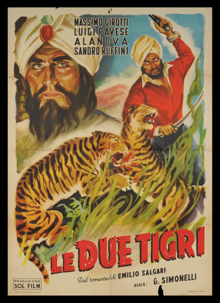 L'immagine riproduce uno dei manifesti conservati presso la Mediateca Regionale Pugliese (vedi Note). Si tratta del manifesto del film italiano "Le due tigri". Anche se privo di firma, l'opera mostra caratteristiche della pittura di cinema del "primo periodo". La pittura si mostra narrativa e ricca anche di espressione e dettagli enfatici. A sinistra un bellissimo ritratto fatto di pennellate morbide, probabilmente dell'attore Luigi Pavese nei panni del leggendario Sandokan. Tutta la scena a fianco riempie lo spazio compositivo, donando un effetto avventuroso ed esotico, caratteristiche principali del film, tratto dal romanzo di Emilio Salgari....