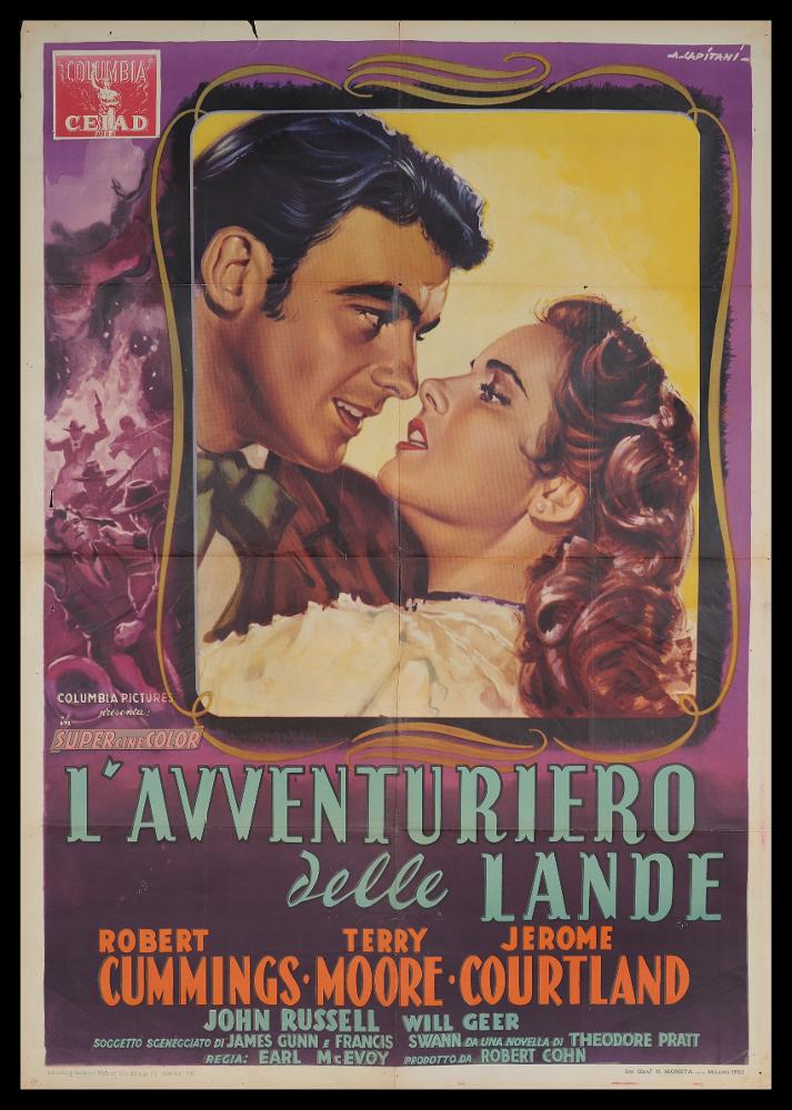 L'immagine riproduce uno dei manifesti conservati presso la Mediateca Regionale Pugliese (vedi Note). Si tratta di una delle fotobuste del film "L'avventuriero delle Lande", la cui illustrazione è a firma di Alfredo Capitani. La composizione mostra la padronanza dell'artista nel disegno accademico e un certo sguardo verso il classicismo delle forme, esaltando le figure in tutta la loro bellezza, anche con l'inserimento di una cornice dorata elegante, che caratterizza tutto l'insieme. Capitani fondò uno studio nel 1919 per la realizzazione di manifesti cinematografici, il suo stile richiamava quello di Ballester, con un uso di colori luminosi e sfumati con effetti di mirabile enfasi pittorica. ...