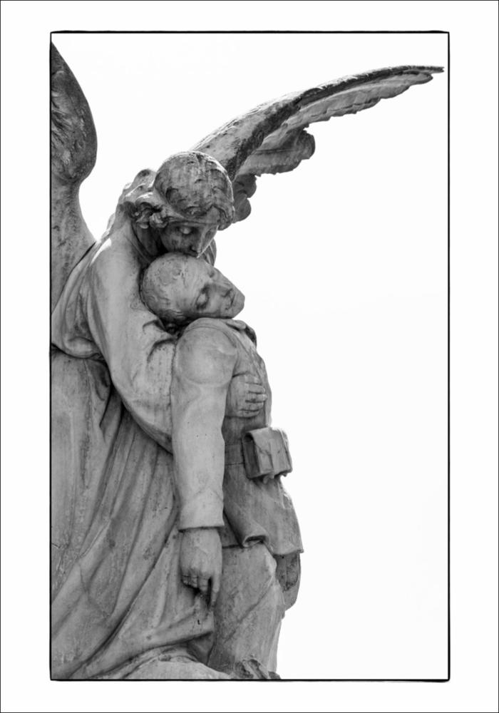 L'immagine in bianco e nero cattura un dettaglio del gruppo scultoreo del Monumento ai Caduti di Laterza, collocato al centro di Piazza Vittorio Emanuele. Toccante protagonista dell'opera architettonica è infatti la scultura raffigurante la Vittoria alata nell'atto di sostenere un soldato morente. Il catalogo della Casa d'Arte Ciocchetti (i cataloghi delle Case d'Arte all'epoca hanno permesso di rintracciare i modelli iconografici di alcuni monumenti pugliesi) data il monumento al 1925. La fotografia è stata esposta nel Salone degli Affreschi del Palazzo Ateneo di Bari per la mostra fotografica “La memoria della Grande Guerra in Puglia”, a cura di Isabella Di Liddo con foto di Roberto Sibilano, presentata in occasione del Convegno Nazionale di Studi "L'Italia, La Puglia...