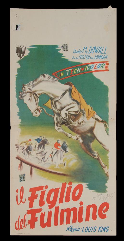L'immagine riproduce uno dei manifesti conservati presso la Mediateca Regionale Pugliese (vedi Note). Si tratta della locandina del film "Il figlio del fulmine", la cui illustrazione è a firma di Orsa. L'artista mostra uno stile pittorico originale ricco di tonalità cromatiche, che si accorda armoniosamente allo stile di Ercole Brini, di cui si conserva, dello stesso film, il manifesto più grande. Delicato e moderno, la locandina mostra in primo piano un cavallo nell'atto di saltare, che insieme agli altri cavalli e cavalieri e alle forme del titolo, rende la dinamicità e la freschezza artistica di tutta la composizione. ...