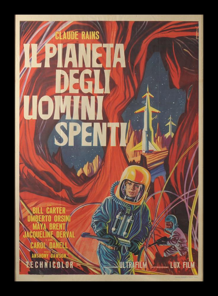 Manifesto a firma di Iacoponi per lo Studio Favalli. Collaboratore negli anni Sessanta dello studio Favalli, domina la composizione il rosso intenso delle rocce del pianeta sconosciuto e la rappresentazione ricca di dettagli del razzo sullo sfondo e degli esploratori spaziali. "Il pianeta degli uomini spenti" è un film di fantascienza del 1961 diretto da Antonio Margheriti con lo pseudonimo di Anthony Dawson, realizzato dopo il successo precedente "Space Men" (1960). Come il precedente, fu scritto da Ennio De Concini con lo pseudonimo di Vassilji Petrov. Fu redistribuito nel 1978 col titolo "Guerre planetarie". Il manifesto originale è conservato nell’Archivio della Mediateca Regionale Pugliese....