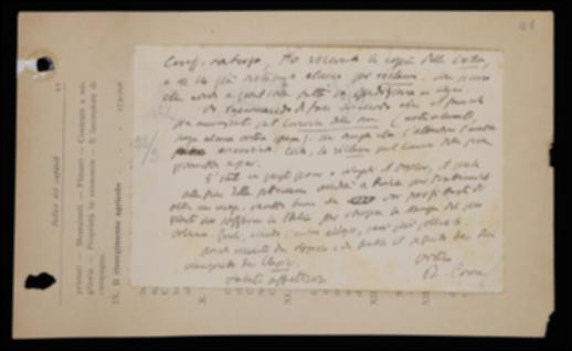 Nella cartolina, Benedetto Croce invita Laterza a pubblicizzare il suo periodico e a sollecitare per i volumi di Karl Vossler, Friedrich W.J. Schelling e Johann F. Herbart.