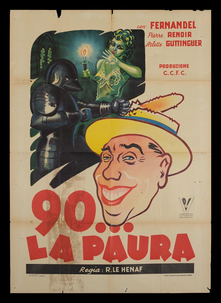 L'immagine riproduce uno dei manifesti conservati presso la Mediateca Regionale Pugliese (vedi Note). Si tratta di uno dei manifesti del film “90…la paura” del 1945 per la regia di René Le Hénaff. La firma che leggiamo sul lato a sinistra appartiene all’illustratore Palozzi che compone in maniera molto semplice la grafica. Vi è solo una scena narrativa sullo sfondo, in un riquadro, con le tinte del verde scuro per simboleggiare sia l’ambientazione notturna sia un clima di paura e terrore. Colpisce anche la presenza di un cavaliere con l’armatura a coprire tutto il corpo. In primo piano risalta il ritratto quasi caricaturale del comico Fernandel che interpreta l’investigatore Désiré....