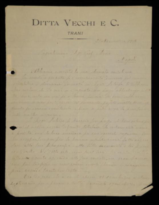 Nella lettera la Tipografia Valdemaro Vecchi comunica a Benedetto Croce di poter accordare all'editore Laterza una riduzione del compenso per la stampa del volume di Vittorio Imbriani, curato dallo stesso Croce. Gli annuncia inoltre di aver terminato la stampa del volume di Georg W.F. Hegel e di averne spedito alcune copie all'editore barese. (Probabilmente la missiva fu inoltrata da Benedetto Croce a Laterza).