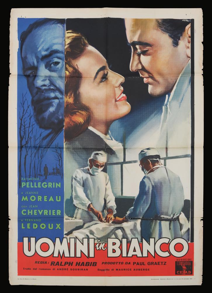 L'immagine riproduce uno dei manifesti conservati presso la Mediateca Regionale Pugliese (vedi Note). Si tratta di uno dei manifesti del film “Uomini in bianco” del 1955 per la regia di Ralph Habib. La firma che leggiamo sul lato a destra appartiene all’illustratore Manno (Manno Dante) pittore formatosi all'Accademia di Belle Arti, dove fu allievo di Duilio Cambellotti. Questo influenzerà la sua carriera, dedicandosi totalmente alla pittura di cinema, sua grande passione fino alla crisi degli anni '70. L'uso degli acquerelli e della tempera, di colori compatti e pastosi rendono le sue figure ben definite e morbide, unendo un certo stile classico e accademico ad una grafica moderna. Manno, come molti altri pittori dell'epoca dediti alla pittura per manifesti, si fece int...