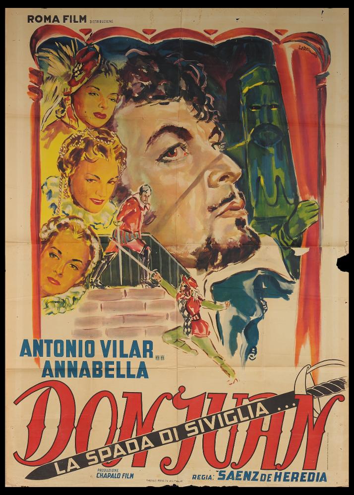L'immagine riproduce uno dei manifesti conservati presso la Mediateca Regionale Pugliese (vedi Note). Si tratta di una delle versioni grafiche del manifesto del film “Don Juan - La spada di Siviglia” del 1950, a firma di Williams, illustratore di cinema di cui non si hanno notizie certe. La composizione grafica è dinamica, grazie ad una pittura dai tocchi rapidi e snelli e allo spazio suddiviso in più momenti narrativi, racchiusi dall'elemento decorativo del tendaggio, che fa da cornice alla parte figurativa. Il grande ritratto di profilo, elegante e realistico, di Don Juan, è arricchito dai volti femminili, damigelle, e da una scena d'esterno di duello. Chiude la composizione il grande titolo con lettering elegante e movimentato, tagliato dall'elemento della spada, che...