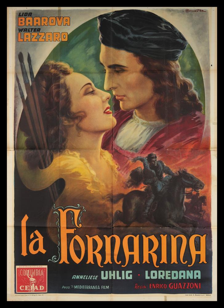 L'immagine riproduce uno dei manifesti conservati presso la Mediateca Regionale Pugliese (vedi Note). Si tratta di una delle versioni grafiche del manifesto del film “La Fornarina”, del 1943 per la regia di Enrico Guazzoni. Il manifesto è a firma di Ballester Anselmo (Ballester), classe 1897, spagnolo di origine, considerato uno dei capostipiti della pittura di cinema, formatosi presso lo studio pubblicitario dedicato al cinema fondato dal padre Federico insieme a Martinati e Capitani, il primo assoluto in Italia. Le opere più famose di Ballester sono composte di atmosfere nebbiose ed effetti drammatici, colori cupi e tonali. Quella per La Fornarina è una delicata composizione pittorica, fatta di pennellate fluide e decise che evidenziano i due protagonisti, il famoso p...
