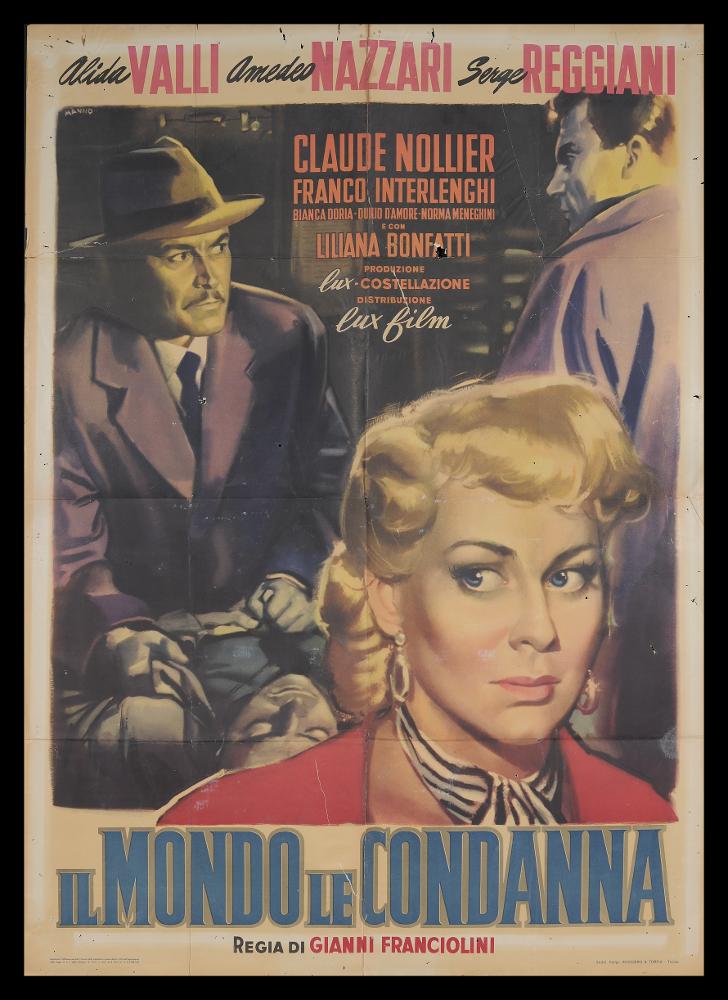 L'immagine riproduce uno dei manifesti conservati presso la Mediateca Regionale Pugliese (vedi Note). Si tratta di una delle versioni grafiche del manifesto del film "Il mondo le condanna", a firma di Manno (Dante Manno). Formatosi all'Accademia di Belle Arti, dove fu allievo di Duilio Cambellotti, è stato un grande artista e pittore di cinema. Questo influenzerà la sua carriera, dedicandosi totalmente alla pittura di cinema, sua grande passione fino alla crisi degli anni '70. L'uso degli acquerelli e della tempera, di colori compatti e pastosi rendono le sue figure ben definite e morbide, unendo un certo stile classico e accademico ad una grafica moderna. Manno, come molti altri pittori dell'epoca dediti alla pittura per manifesti, si fece interprete del filone Neoreal...