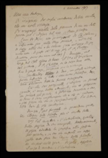 Nella lettera, Benedetto Croce propone a Laterza le sue condizioni contrattuali circa la pubblicazione dei tre volumi del suo sistema filosofico e del primo saggio che intende far seguire.
