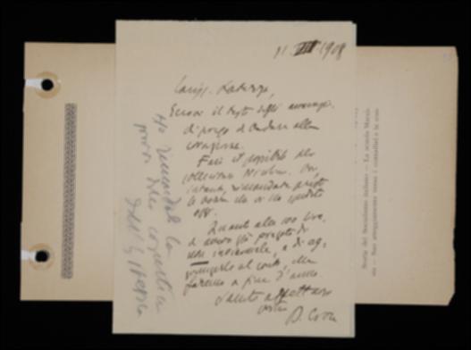 Nella lettera, Benedetto Croce comunica a Laterza di avergli inviato il testo degli annunci pubblicitari da inserire nel fascicolo de "La Critica" in pubblicazione e promette che solleciterà il lavoro del curatore Fausto Nicolini. Invita poi l'editore a spedirgli quanto prima alcune bozze e gli ricorda di avergli rimandato la prova di copertina del proprio volume di estetica. Croce conclude la lettera con la richiesta di un rendiconto da parte dell'editore per la fine dell'anno.