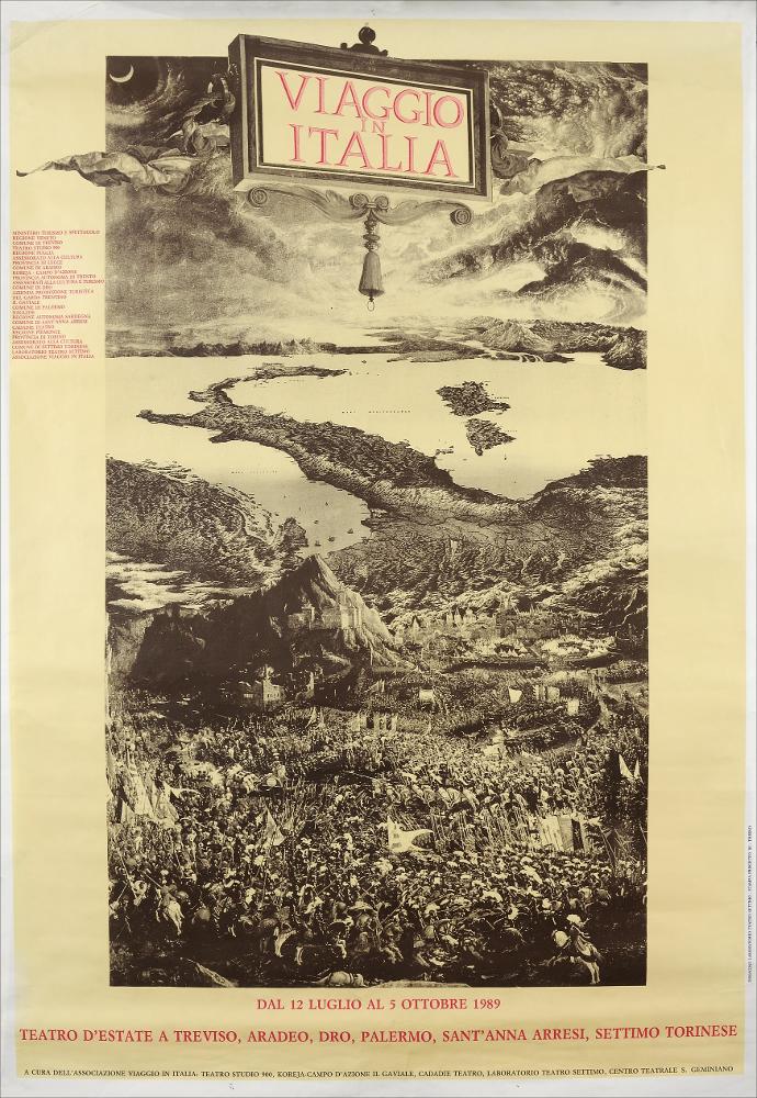 L'immagine in oggetto riproduce la locandina di "Viaggio in Italia" (edizione 4ª), rassegna del Teatro d'estate che si svolse in molte località d'Italia - tra le quali Aradeo - dal 12 luglio al 5 ottobre 1989, alla quale prese parte anche il Teatro Koreja. Come ben rappresenta l'immagine dello "stivale" rovesciato, il progetto nazionale ispirato alla celebre opera di Goethe e patrocinato dal Ministero del Turismo e dello Spettacolo, costituì all'epoca un esempio virtuoso di festival interregionale dedicato alle nuove sperimentazioni del teatro, sviluppato per tappe da Nord a Sud, nelle città che furono sedi di realtà teatrali con le migliori proposte di spettacolo e cultura.
