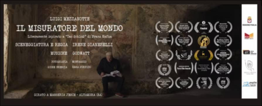 Il trailer presenta il cortometraggio “Il Misuratore del Mondo”, con Luigi Mezzanotte, della regista Irene Gianeselli, realizzato nel 2021, da un progetto dell’Associazione Culturale Felici Molti insieme a Regione Puglia, Mediateca Regionale Pugliese, Apulia Film Commission e Puglia Digital Library. Con questo cortometraggio, la giovane regista pugliese Irene Gianeselli ci fa entrare in una nuova dimensione kafkiana, segnata dalle atmosfere mediterranee e rurali della masseria Jesce di Altamura che accoglie una struttura narrativa e interpretativa originale e nettamente ispirata al teatro. Il risultato è un’opera piena di spunti interessanti che è valso, alla Gianeselli e alla sua troupe, l’ingresso nella selezione ufficiale del David di Donatello 2022....