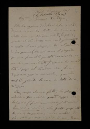 Nella lettera, Pasquale Turiello si scusa per il ritardo nell'invio del volume e propone a Laterza la pubblicazione di un altro volume di suoi "Ricordi e pensieri", parte dei quali ha già pubblicato con altro editore.