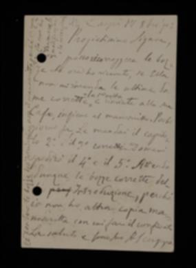 Nella cartolina, Angelo Scuppa sollecita a Laterza il reinvio di alcune bozze del volume del Martin corrette per la prima volta, comunica altresì di averne spedite e di essere in procinto di spedirne altre.