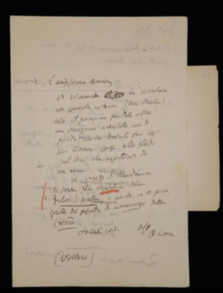Nella lettera, Benedetto Croce comunica a Giovanni Laterza la restituzione della bozza di una lettera da allegare a delle copie omaggio de "La Critica", come indicato dall'editore in precedente missiva; esprime disappunto per lo spazio occupato nel fascicolo di prossima pubblicazione da un proprio saggio su Giambattista Vico. Croce invita poi Laterza a spedirgli le bozze della copertina del proprio volume di filosofia della pratica e del foglio di annunci pubblicitari da inserire ne "La Critica"; infine gli comunica l'elenco di propri volumi di storia politica e letteraria di prossima pubblicazione e lo informa di aver trovato un traduttore per il volume di Ferdinand J. Schmidt.