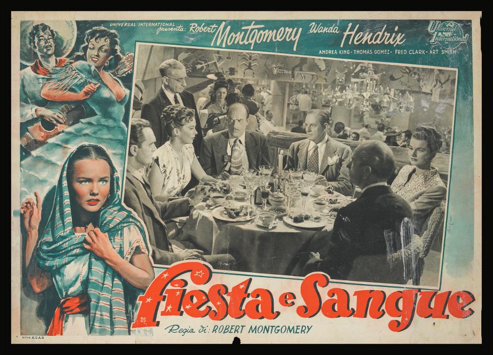 “Fiesta e sangue” (titolo originale “Ride the Pink Horse”) è un film del 1947 diretto e interpretato da Robert Montgomery, su sceneggiatura di Ben Hecht, Charles Lederer e Dorothy B. Hughes ed ispirato al romanzo omonimo di Dorothy Hughes.
Tra gli interpreti principali ricordiamo Robert Montgomery, Thomas Gomez, Wanda Hendrix, Andrea King, Fred Clark.
La fotobusta è a firma di E. Pic., artista dall’identità sconosciuta.
L'immagine è composta da una fotografia di scena in bianco e nero inserita in una cornice che presenta un disegno sulla sinistra: lo stile è molto pittorico, contraddistinto da pennellate fugaci e dal tratto sfumato, il volto della protagonista è reso con estrema cura ritrattistica, quasi fotografica. L’artista predilige l’utilizzo di tinte fredde, fatta...