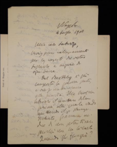 Benedetto Croce, rallegratosi con Giovanni Laterza per la nascita del figlio Giuseppe, lo sollecita a spedire alla tipografia Giannini la carta necessaria per la stampa di una parte del volume di George Berkeley; poi lo prega di inviare parte del compenso al traduttore Giovanni Papini, ponendone a suo credito un'altra parte per averla anticipata. Infine Croce sollecita l'editore a spedirgli i saggi per la copertina dei volumi del suo sistema filosofico, sconsigliando la carta impiegata per il suo volume su Georg W.F. Hegel.