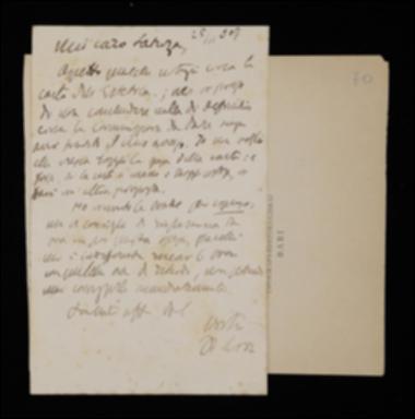 Nella cartolina, Benedetto Croce prega Laterza di informarlo prima di acquistare la carta per l'edizione della sua “Estetica” e lo invita ad evitare le inutili spese derivanti da spedizioni di bozze per espresso.