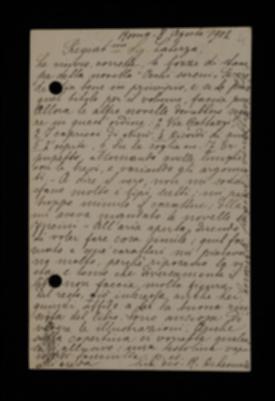 Nella cartolina, Rosina De Leonardis reinvia all'editore le bozze di stampa della novella "Occhi sereni". Inoltre dà delle indicazioni specifiche per la stampa come Indica la disposizione delle novelle nel volume, lamenta il carattere di stampa troppo piccolo. Chiude la cartolina il sollecitito dell'invio delle illustrazioni e la De Leonardis ne propone una per la copertina.