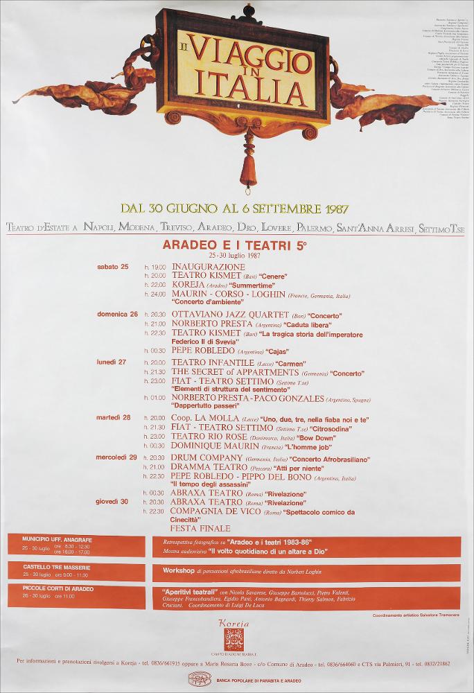 L'immagine in oggetto riproduce la locandina di"Viaggio in Italia" (edizione 5ª), rassegna del Teatro d'estate che si svolse in molte località d'Italia - tra le quali Aradeo - dal 30 giugno al 6 settembre 1987. Il progetto nazionale ispirato alla celebre opera di Goethe e patrocinato dal Ministero del Turismo e dello Spettacolo, costituì all'epoca un esempio virtuoso di festival interregionale dedicato alle nuove sperimentazioni del teatro, sviluppato per tappe da Nord a Sud, nelle città che furono sedi di realtà teatrali con le migliori proposte di spettacolo e cultura.