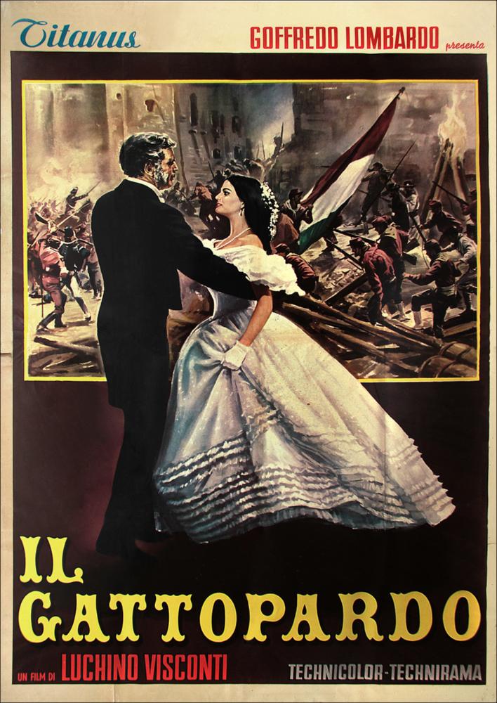 L'immagine digitale è la riproduzione fotografica del manifesto cinematografico del film "Il Gattopardo" elaborata in occasione della mostra "Cinema 150 anni. Mostra di manifesti cinematografici d'epoca sul Risorgimento". La mostra, allestita negli spazi della Mediateca Regionale di Bari, è stata realizzata nel 2011 dall'Ufficio Attività culturali e audiovisivi, afferente al Servizio Cultura e Spettacolo della Regione Puglia, in occasione delle celebrazioni dei 150 anni dell'Unità d'Italia. Il manifesto cinematografico fu realizzato per promuovere il film uscito nelle sale italiane nel 1963. In primo piano la raffigurazione della scena finale del gran ballo; don Fabrizio e sua nipote Angelica, sulle note del valzer di Nino Rota si stringono in un abbraccio elegante e de...