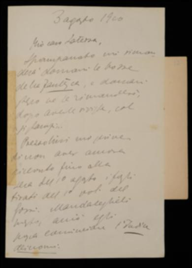 Nella lettera, Fausto Nicolini annuncia a Giovanni Laterza che invierà le bozze licenziate di una commedia di Giambattista Della Porta, non appena saranno corrette da Vincenzo Spampanato, e sollecita la spedizione a Giuseppe Prezzolini dei fogli tirati del primo volume di Carlo Gozzi, affinché se ne possa iniziare l'indice dei nomi. L'editore barese viene poi invitato, a nome di Benedetto Croce, a mandare in revisione tutte le bozze degli Scrittori d'Italia al solo Nicolini, compresa la copia delle terze bozze affidate ad Achille Pellizzari. Si comunica inoltre che Gioacchino Brognoligo procede già alla correzione delle strisce del volume di Matteo Bandello da poco ricevute.
