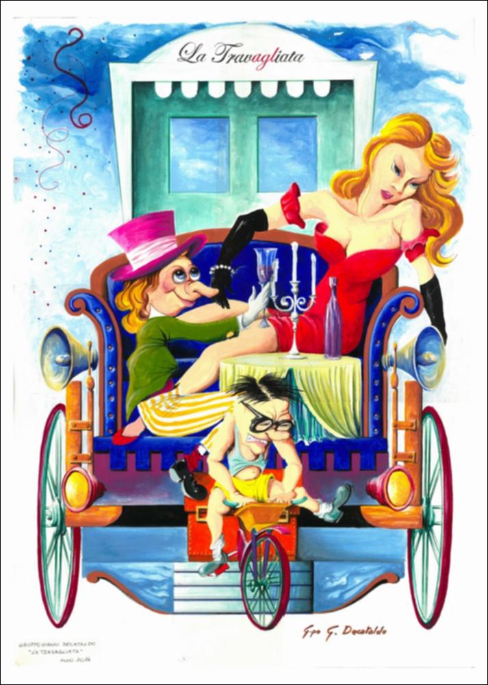 Con l’edizione 2014 il Carnevale di Putignano rende omaggio al compositore emiliano Giuseppe Verdi in occasione del bicentenario della sua nascita.
Il bozzetto preparatorio del carro “La Travagliata’’ è opera del Gruppo Gianni Decataldo.
Traendo ispirazione dall’opera verdiana “La Traviata” e dalla storia tra Violetta e Alfredo, il gruppo Decataldo si sofferma sull’attuale condizione di sofferenza dell’Italia.
Il carro allegorico vuole rappresentare in chiave metaforica il rapporto tra gli atteggiamenti lucrosi e machiavellici dei nostri leader politici e lo stato di prostrazione nel quale la nazione versa a causa delle loro decisioni.
Così Violetta diventa la Bella Italia: un’avvenente figura femminile ritratta agonizzante su una stravagante carrozza in stile 800, in c...