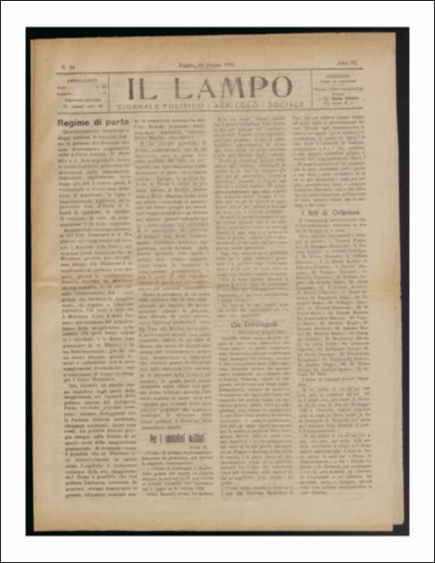 ll documento è parte della collezione del fondo libri digitalizzati della Biblioteca provinciale La Magna Capitana di Foggia, comprendente alcune monografie di diversi secoli e periodici del Novecento. Nello specifico si tratta del periodico “Il lampo – Giornale politico - agrario - sociale”, pubblicato il 30 giugno 1922. In prima pagina vi è un lungo articolo di riflessione sulla situazione politica nazionale. Segue l'interrogazione, presentata dal gruppo repubblicano parlamentare alla Camera e nello specifico al Ministro della guerra, sulla possibilità di disporre la concessione di una licenza agraria ai militari contadini. Molte le notizie provenienti dalla provincia e dalla cronaca cittadina, come ad esempio il disservizio causato dal Servizio merci domenicale a gra...