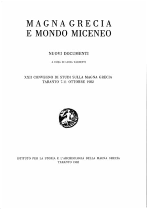 Il volume digitalizzato contiene i nuovi documenti, a cura di Lucia Vagnetti, degli Atti del ventiduesimo convegno di Studi sulla Magna Grecia, svoltosi a Taranto dal 7 all'11 ottobre 1982 e pubblicato dall'Istituto per la Storia e l'Archeologia della Magna Grecia, con i contributi del Consiglio Nazionale delle Ricerche, del Ministero per i Beni Culturali e Ambientali e dell'Ente Provinciale del Turismo di Taranto. Il volume analizzò i risultati delle ricerche sulle relazioni tra il mondo miceneo e l'Italia nei 15 anni intercorsi tra la prima mostra organizzata sui materiali micenei trovati in Italia e la mostra organizzata nel 1982, entrambe curate da Lucia Vagnetti. La volontà e la necessità di indagare sulla fase precoloniale dei contatti del mondo egeo con le region...
